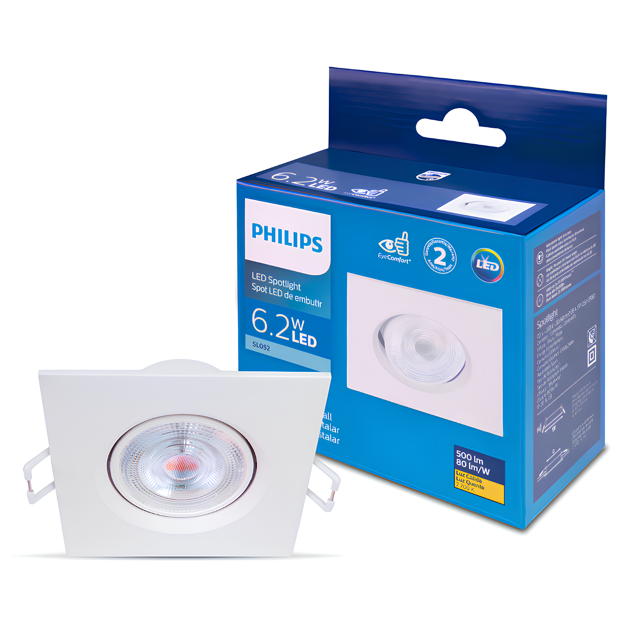 Spot Led Quadrado Embutir 6,2w Ip20 36º Bivolt Sl052 Philips