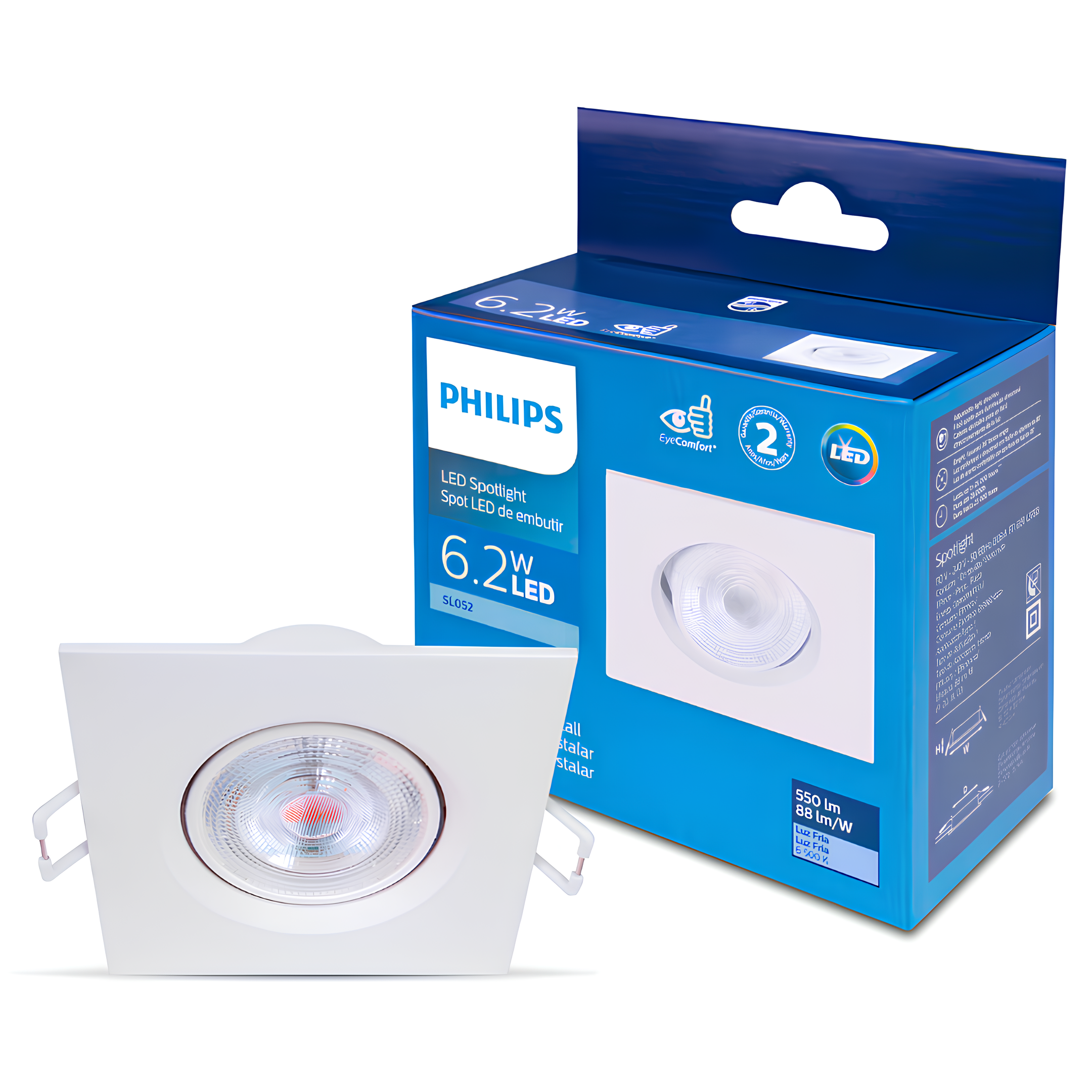 Spot Led Quadrado Embutir 6,2w Ip20 36º Bivolt Sl052 Philips