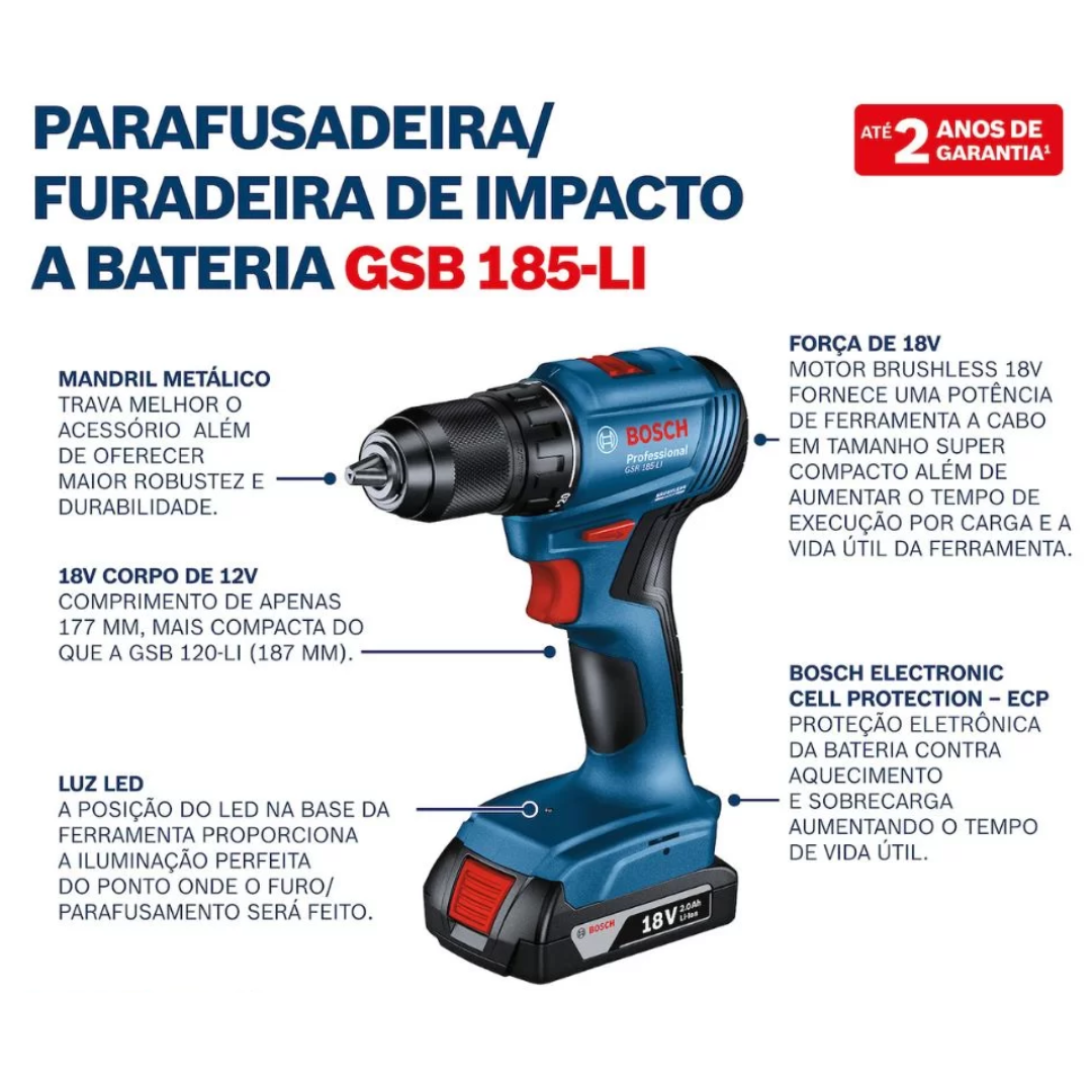 Furadeira Parafusadeira Impacto Brushless Gsb185-LI Bosch 18V