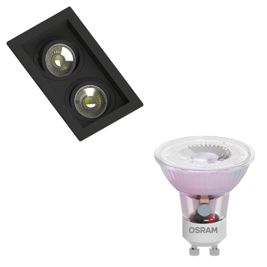 Spot Led Retangular Recuado Preto 2x Par16 Glass 4W 370Lm Osram