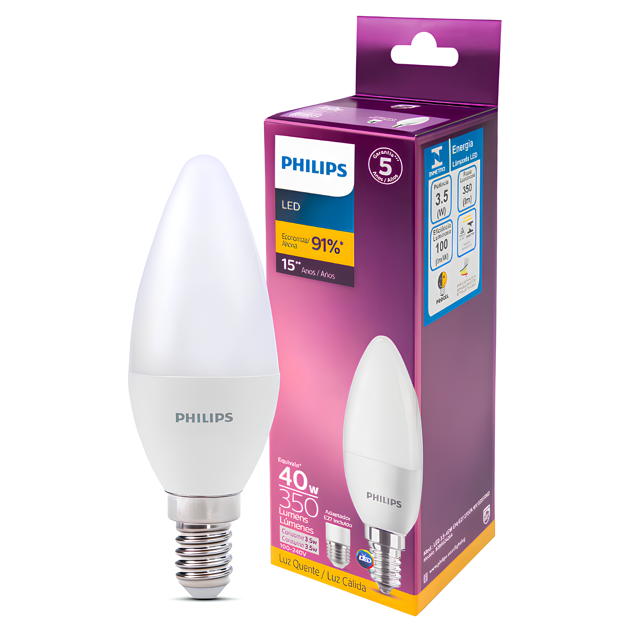 Lampada Led Vela 3,5W 350Lm 150° Ip20 Bivolt E14+E27 Philips