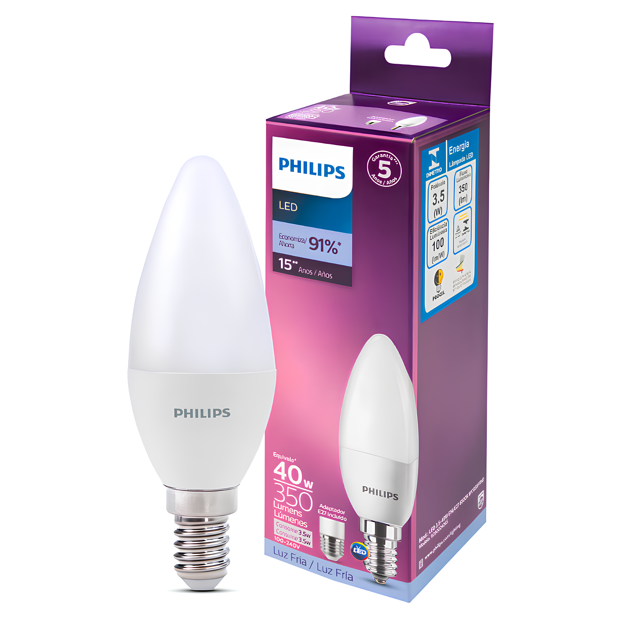 Lampada Led Vela 3,5W 350Lm 150° Ip20 Bivolt E14+E27 Philips