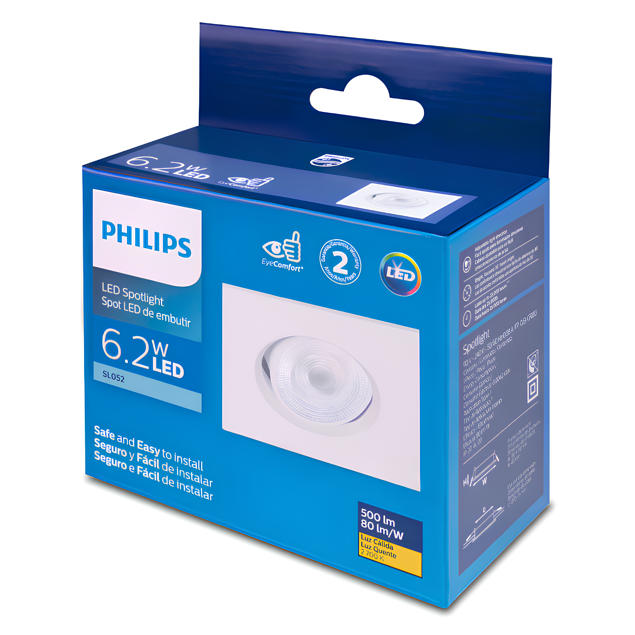 Spot Led Quadrado Embutir 6,2w Ip20 36º Bivolt Sl052 Philips